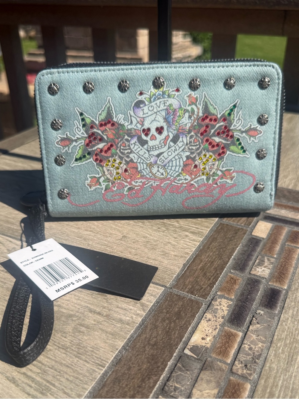 Ed Hardy Light Blue Studded Skull Wristlet Wallet